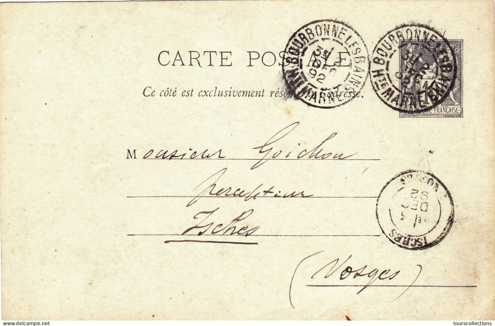 ENTIER POSTAL SAGE CARTE POSTALE De 1892 Cachet Bourbonnes 52 à Isches 88 Vosges - à Goichon Percepteur Impôts - Cartes Précurseurs