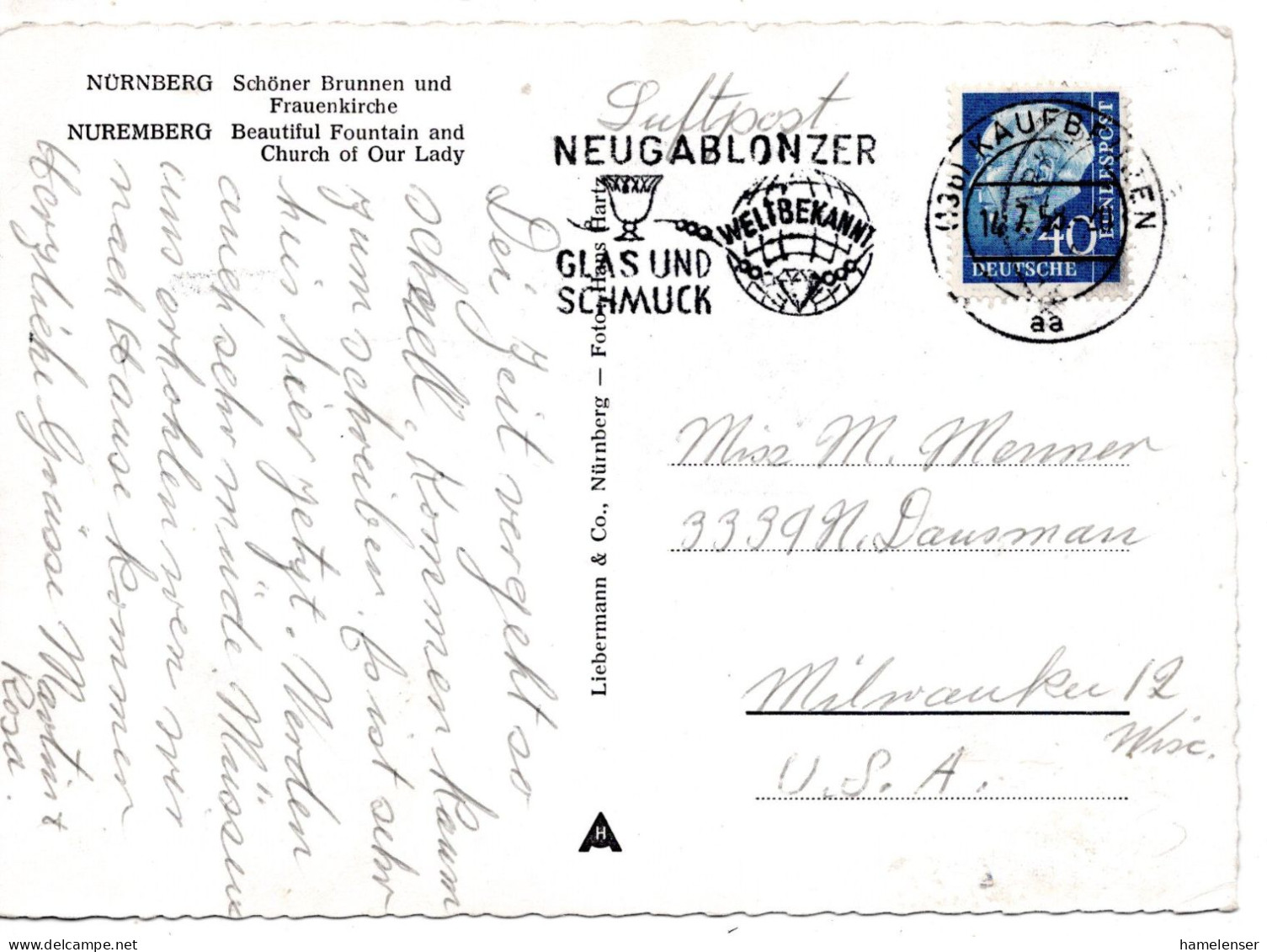 70280 - Bund - 1958 - 40Pfg Heuss II EF A LpAnsKte KAUFBEUREN - ... -> Milwaukee, WI (USA) - Briefe U. Dokumente