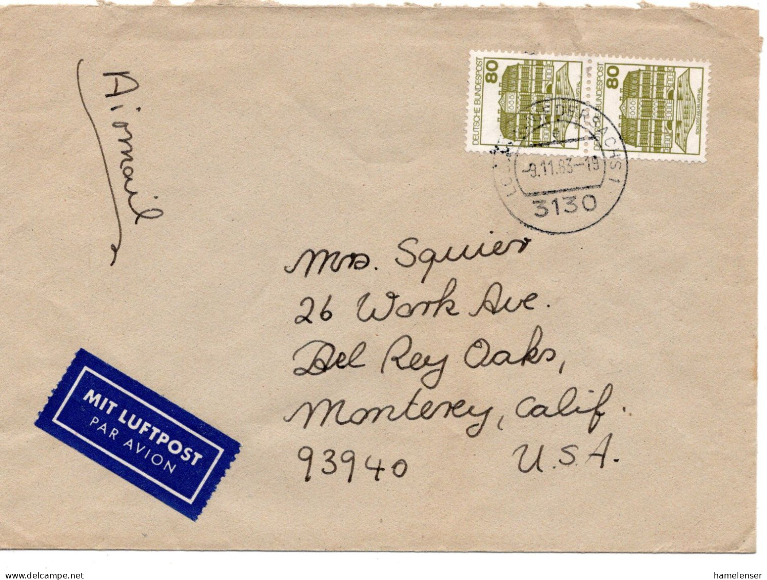 70281 - Bund - 1983 - 2@80Pfg B&S A LpBf LUECHOW -> Monterey, CA (USA) - Lettres & Documents