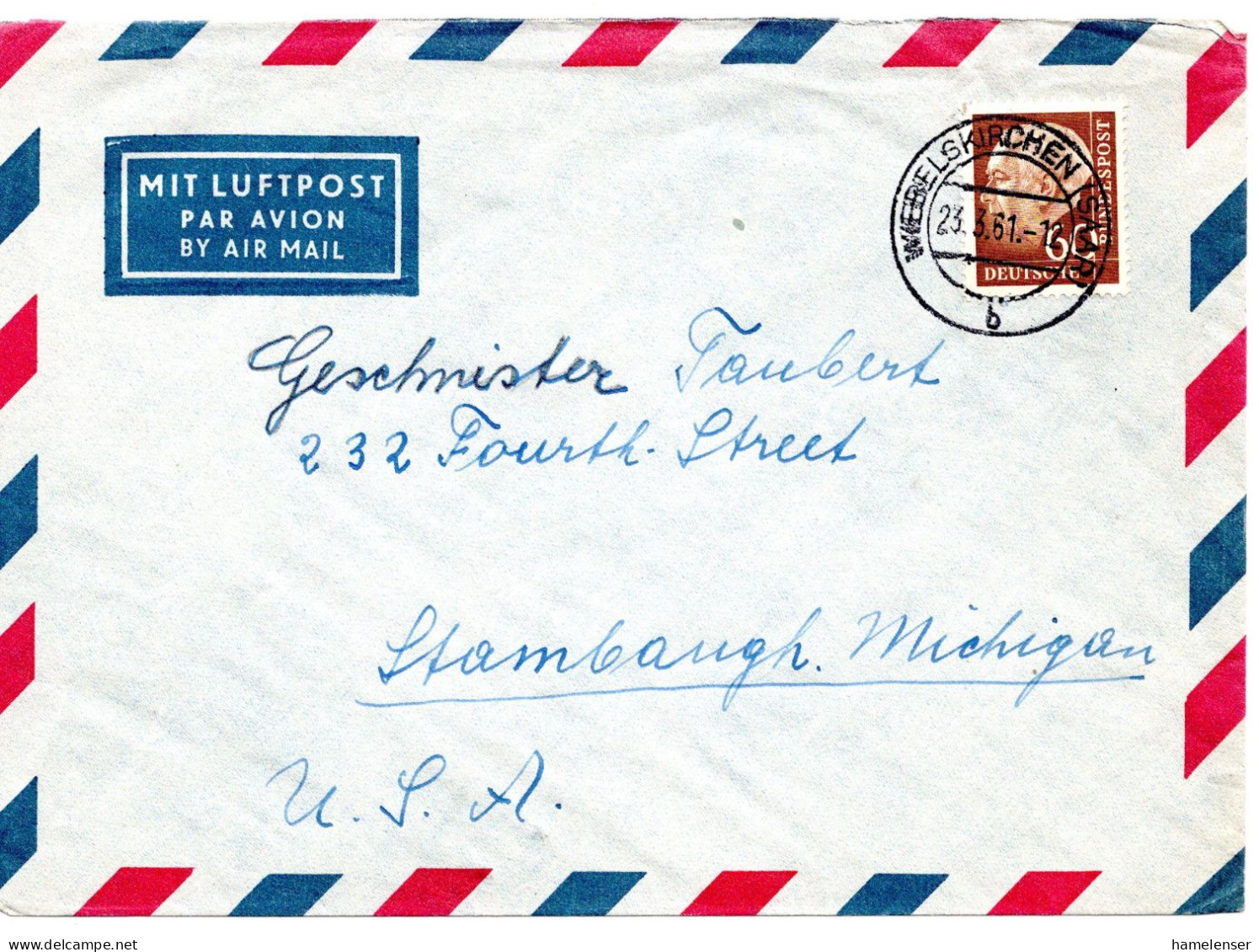70284 - Bund - 1961 - 60Pfg Heuss II EF A LpBf WIEBELSKIRCHEN -> Stambough, MI (USA) - Storia Postale