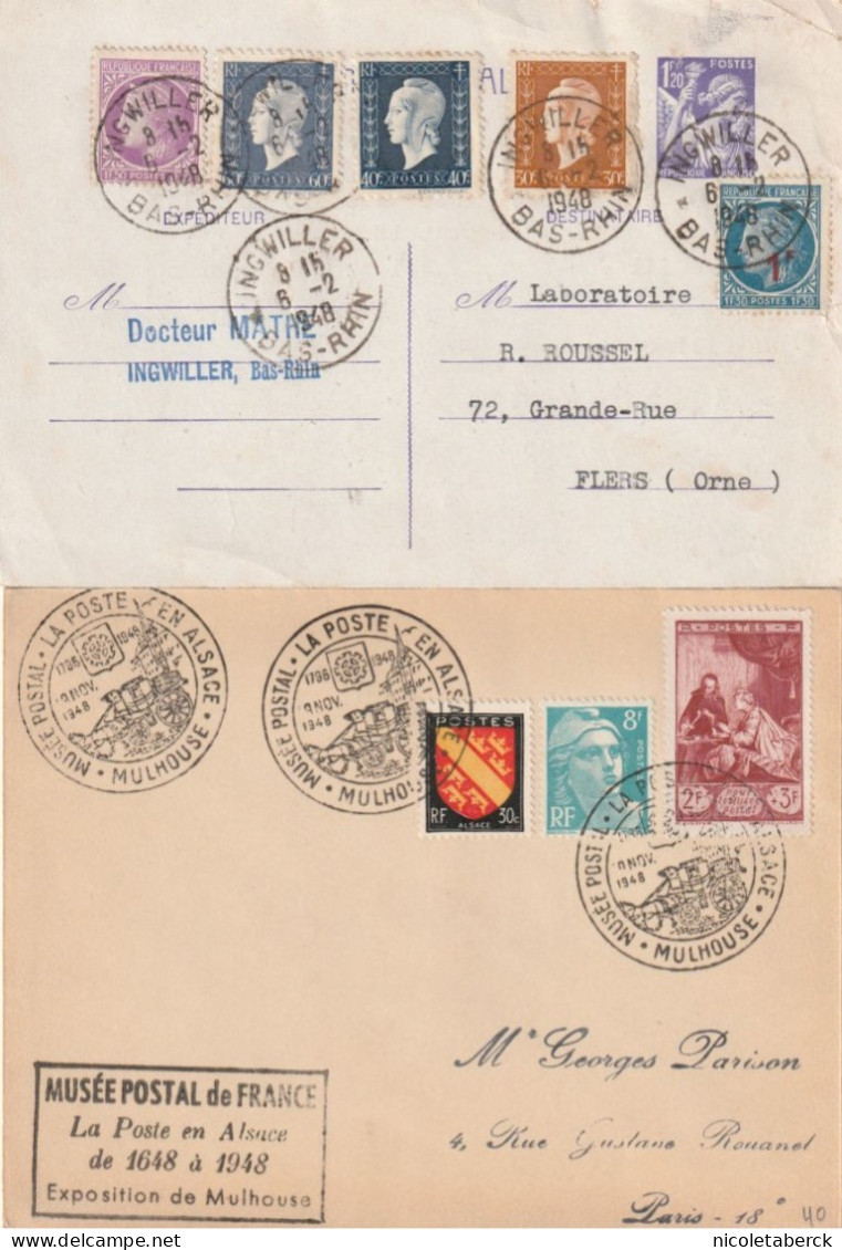 Iris, Entier Postal Avec Belle Affranchissement Ob: Ingwiller 6/02/48, N° 703 Obl: Musée Postal Mulhouse 10/11/48 - 1939-44 Iris