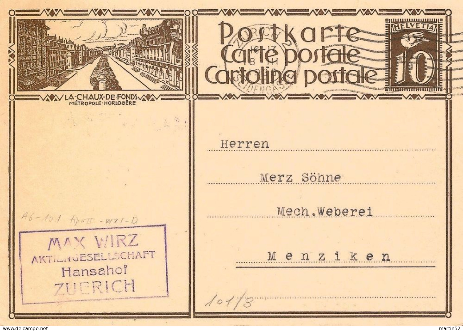 Schweiz Suisse 1930: Bild-PK CPI  LA CHAUX-DE-FONDS MÉTROPOLE HORLOGÈRE Mit Stempel ZÜRICH 18.III.1930 - Uhrmacherei