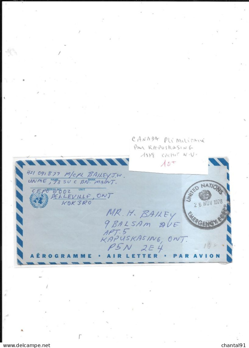 CANADA PLI MILITAIRE POUR KAPUSKASING CACHET NATIONS UNIES 1978 - Lettres & Documents