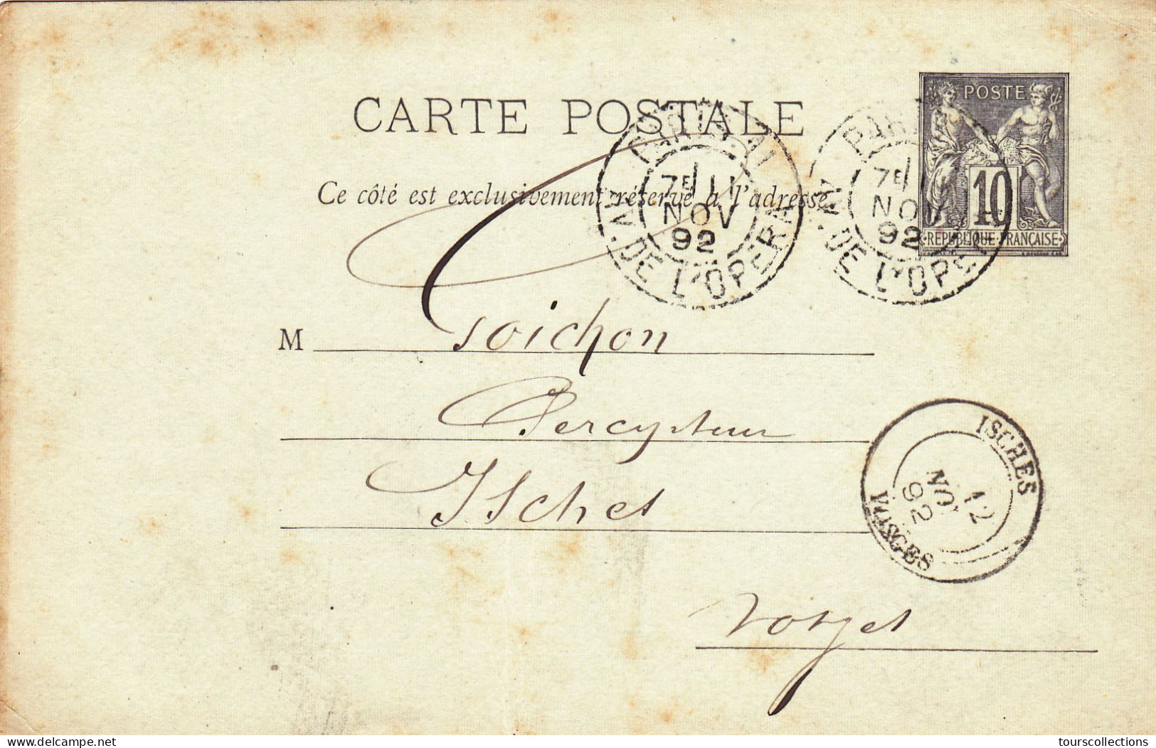 ENTIER POSTAL CARTE POSTALE De 1892 Cachet Jules Rouff Editeur Paris Opéra à Isches 88 - à Goichon Percepteur Impôts - Vorläufer