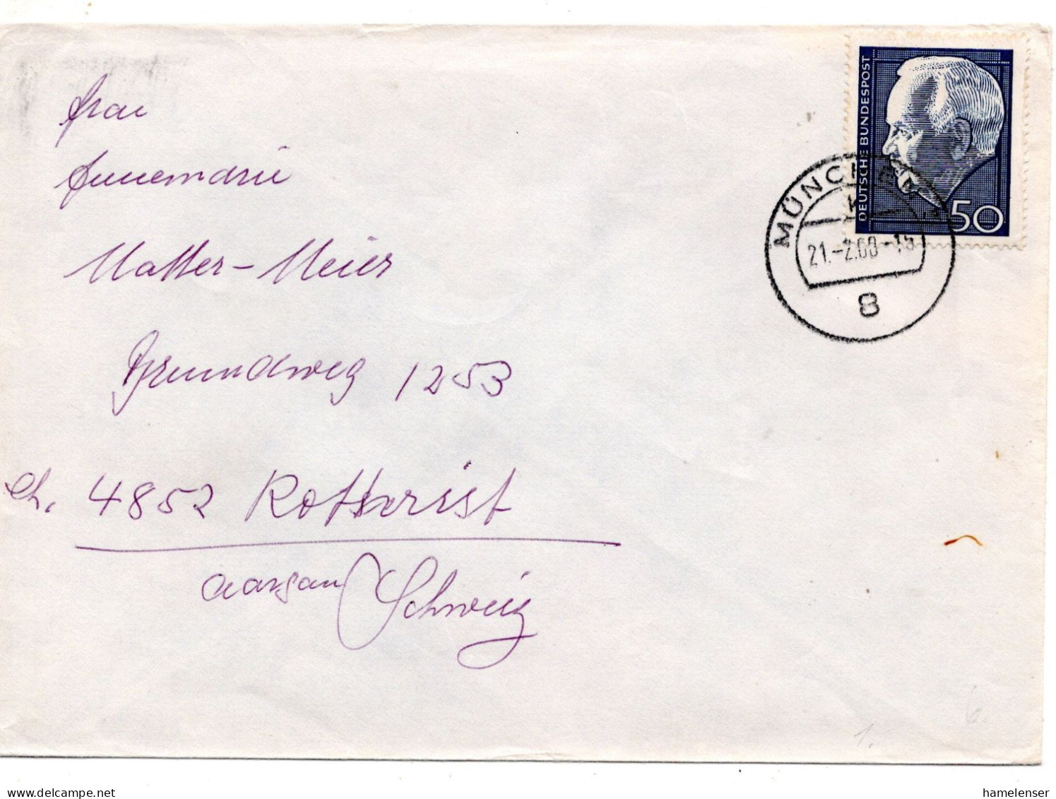 70288 - Bund - 1968 - 50Pfg Luebcke EF A Bf MUENCHEN -> Schweiz - Covers & Documents