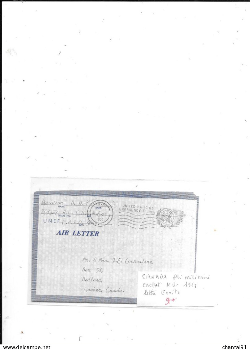 CANADA PLI MILITAIRE CACHET N.U 1964 LETTRE ECRITE - Briefe U. Dokumente