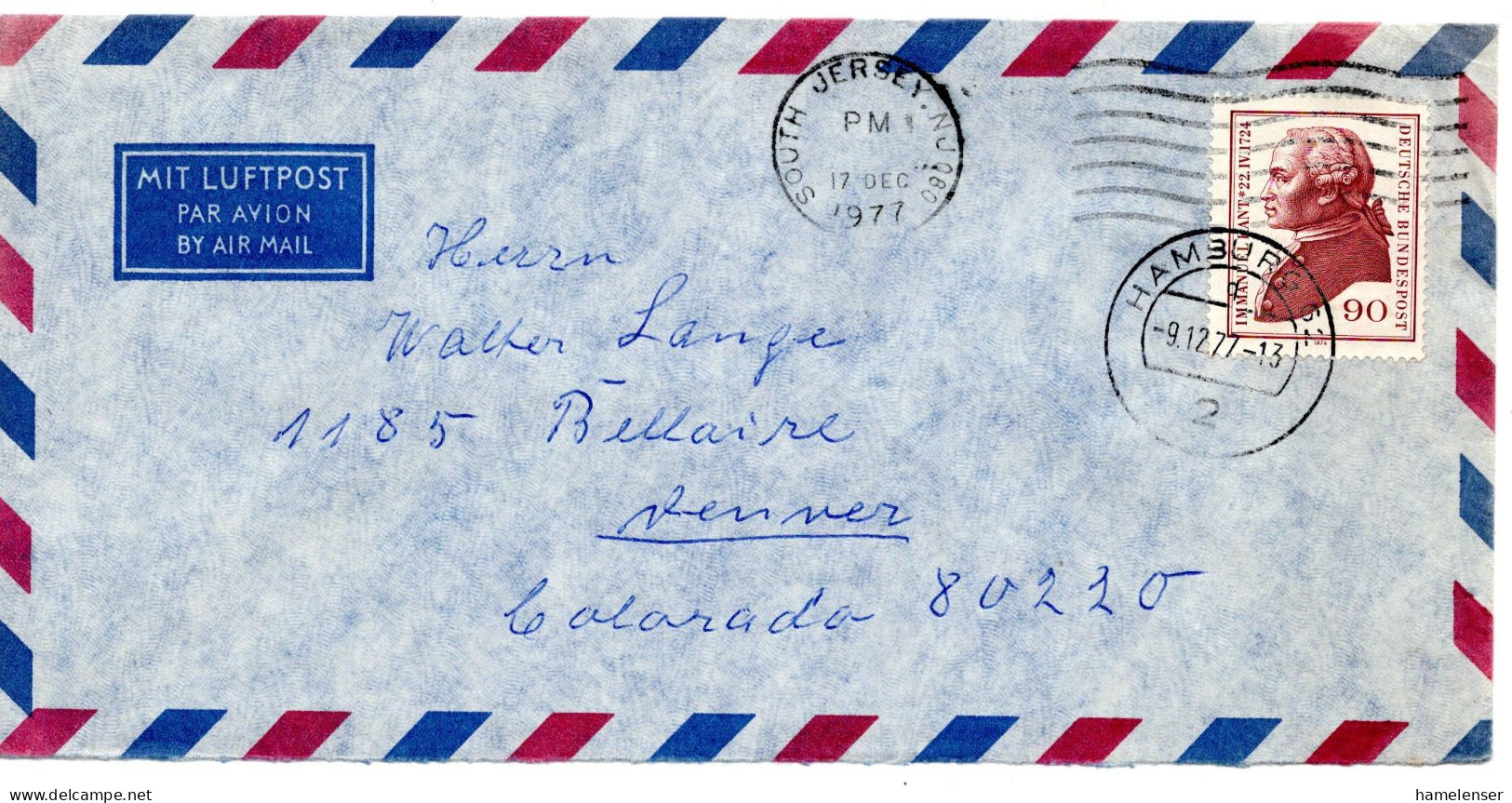 70289 - Bund - 1977 - 90Pfg Kant EF A LpBf HAMBURG -> SOUTH JERSEY, NJ (USA) -> Denver, CO (USA) - Lettres & Documents