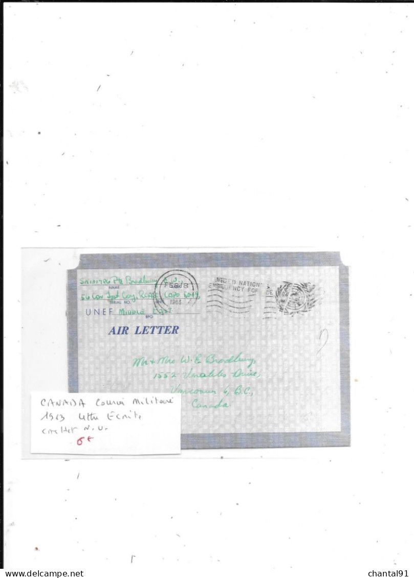 CANADA COURRIER MILITAIRE LETTRE ECRITE CACHET NATIONS UNIES 1963 - Briefe U. Dokumente