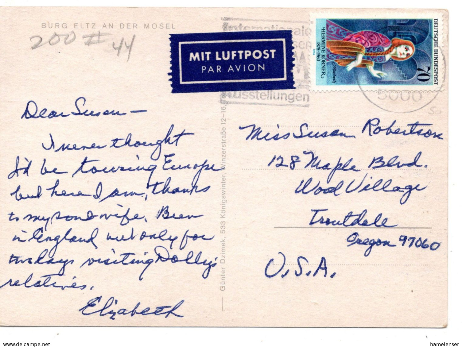 70290 - Bund - 1977 - 70Pfg Koerner EF A LpAnsKte KOELN - ... -> Troutdale, OR (USA) - Storia Postale