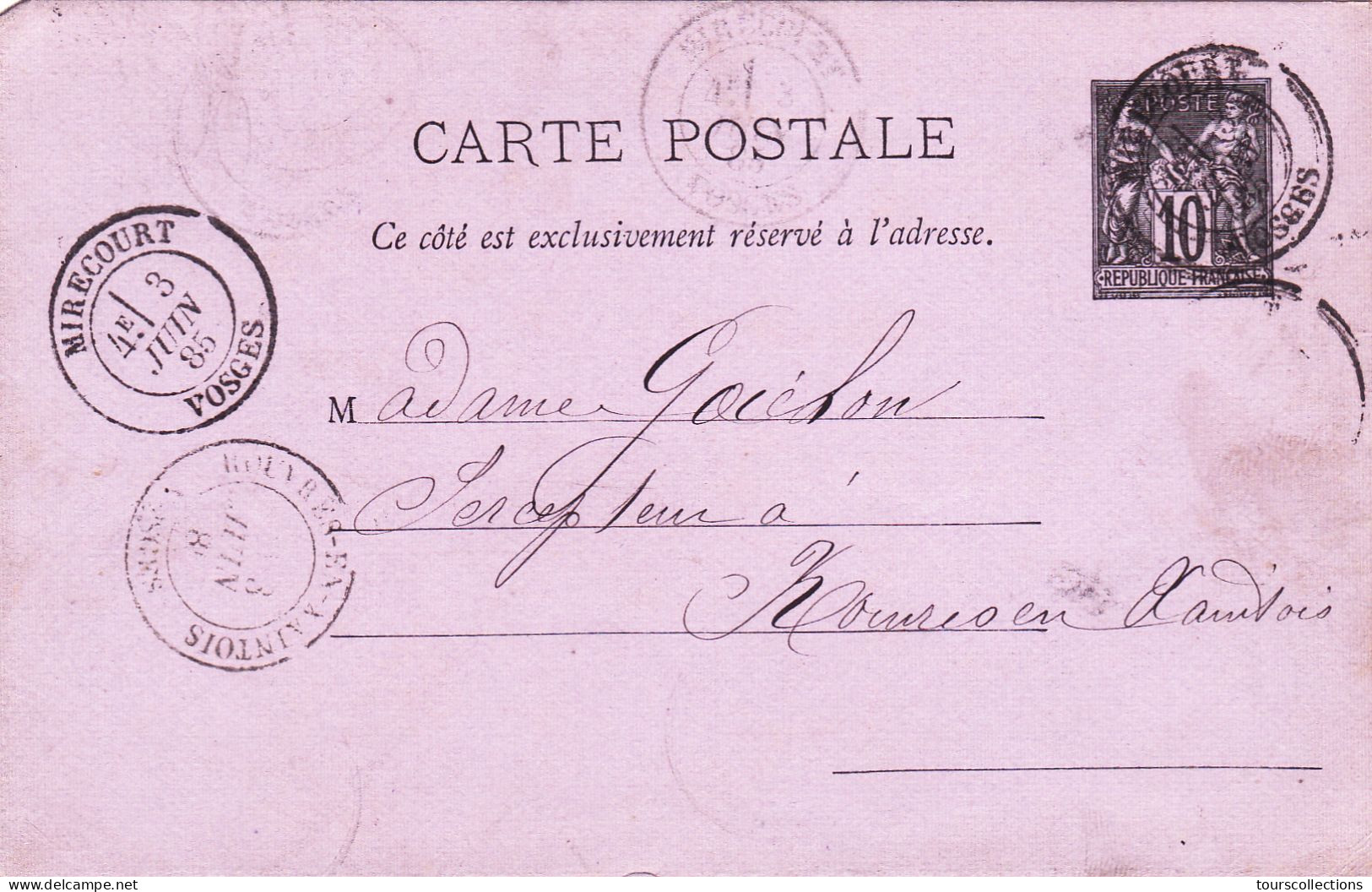 ENTIER POSTAL CARTE POSTALE De 1885 Cachet Mirecourt 88 à Rouvres En Xaintois 88 - à Goichon Percepteur Impôts - Cartes Précurseurs