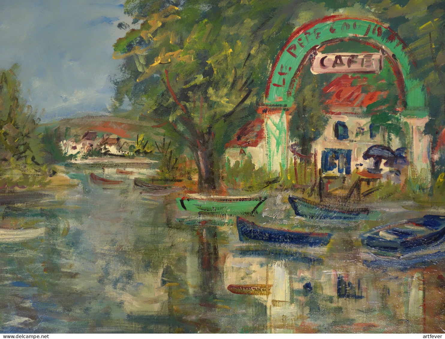 Roland DUBUC : Le Café Sur Les Berges, Huile Sur Toile Signée - Oelbilder