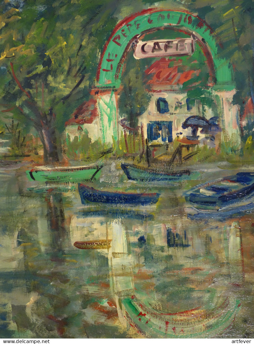 Roland DUBUC : Le Café Sur Les Berges, Huile Sur Toile Signée - Oelbilder