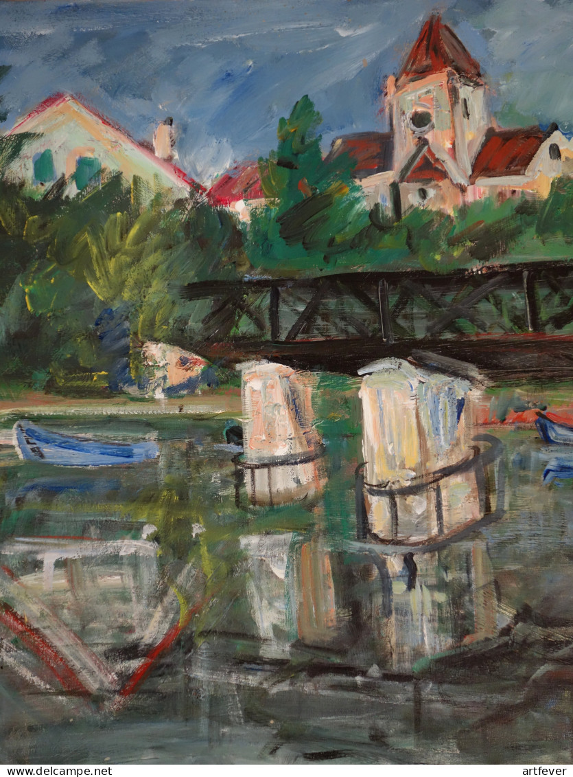 Roland DUBUC : Petit Pont Sur L'Oise, Huile Sur Toile Signée - Oelbilder