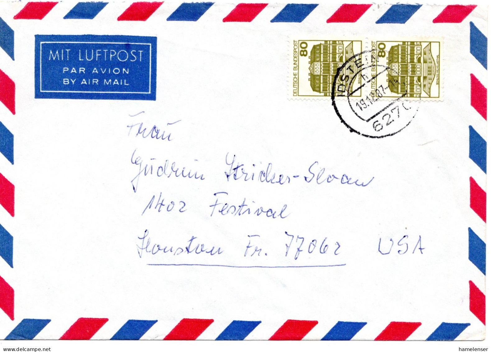 70293 - Bund - 1987 - 2@80Pfg B&S A LpBf IDSTEIN -> Houston, TX (USA) - Cartas & Documentos