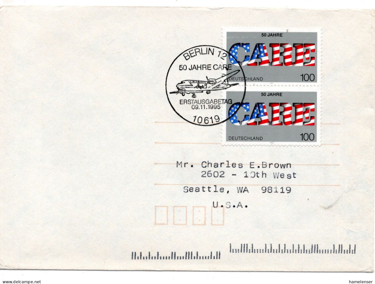 70295 - Bund - 1995 - 2@100Pfg CARE A Bf ESST BERLIN - ... -> Seattle, WA (USA) - Lettres & Documents