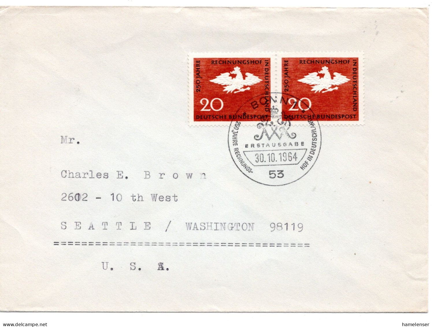 70297 - Bund - 1964 - 2@20Pfg Rechnungshof A Bf ESST BONN - ... -> Seattle, WA (USA) - Lettres & Documents