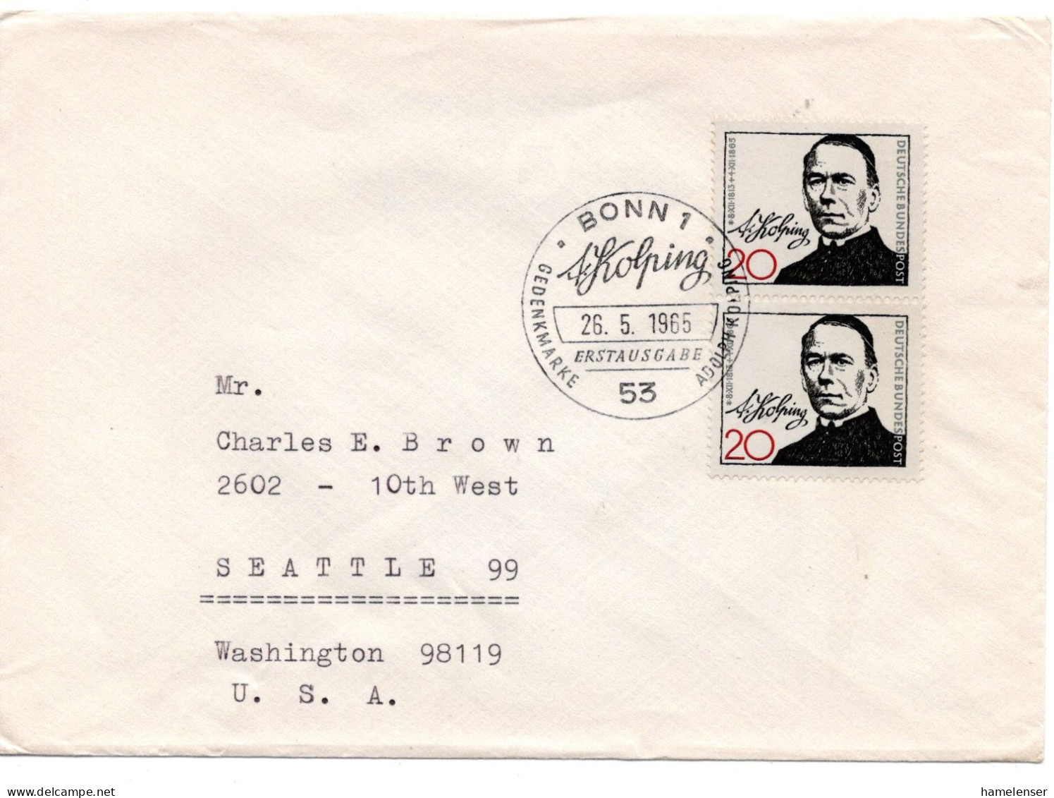 70299 - Bund - 1965 - 2@20Pfg Kolping A Bf ESST BONN - ... -> Seattle, WA (USA) - Covers & Documents