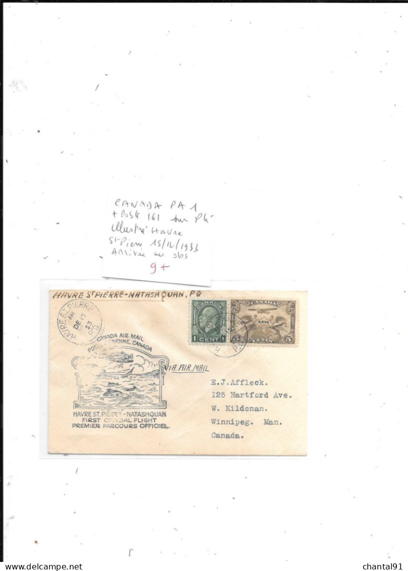 CANADA N° PA 1 + POST 161 SUR PLI ILLUSTRE HAVRE ST PERRE 15.12.1933 ARRIVEE AU DOS - Briefe U. Dokumente