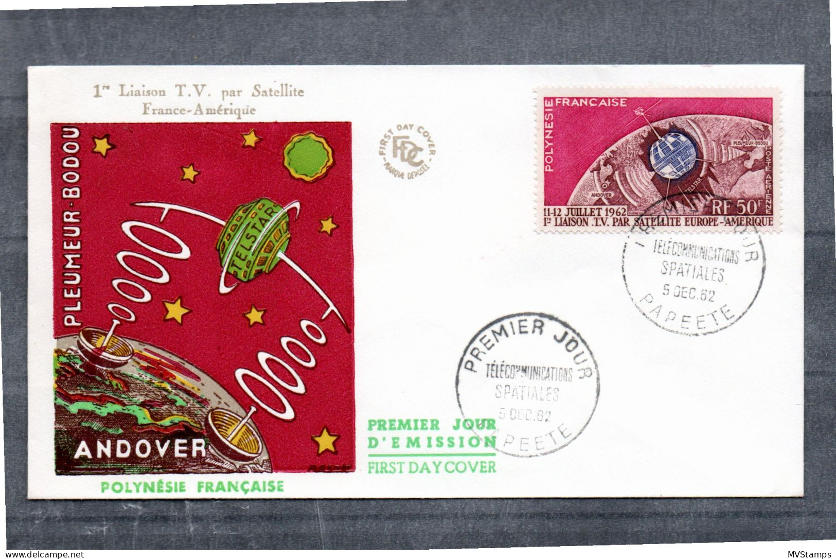 Polynesia (France) 1962 Space/Telstar Satelite Stamp (Michel 23) Used On FDC - Storia Postale