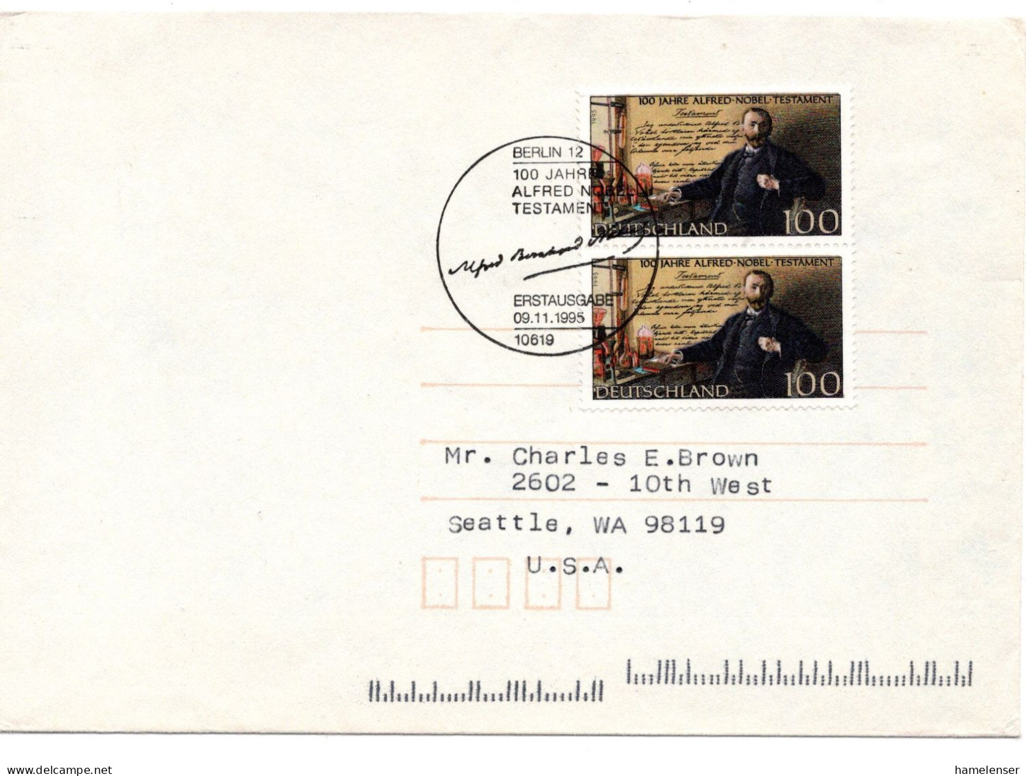 70302 - Bund - 1995 - 2@100Pfg Nobel A Bf ESST BERLIN - ... -> Seattle, WA (USA) - Lettres & Documents