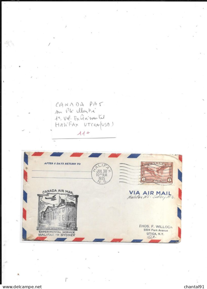 CANADA N° PA 5 SUR PLI ILLUSTRE 1ER VOL EXPERIMENTAL HALIFAX UTICA - Storia Postale