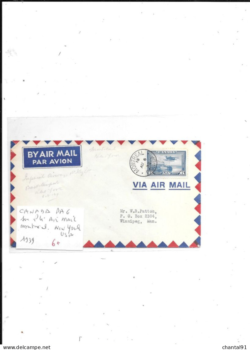 CANADA N° PA 6 SUR PLI AIR MAIL MONTREAL NEW YORK 1939 - Covers & Documents