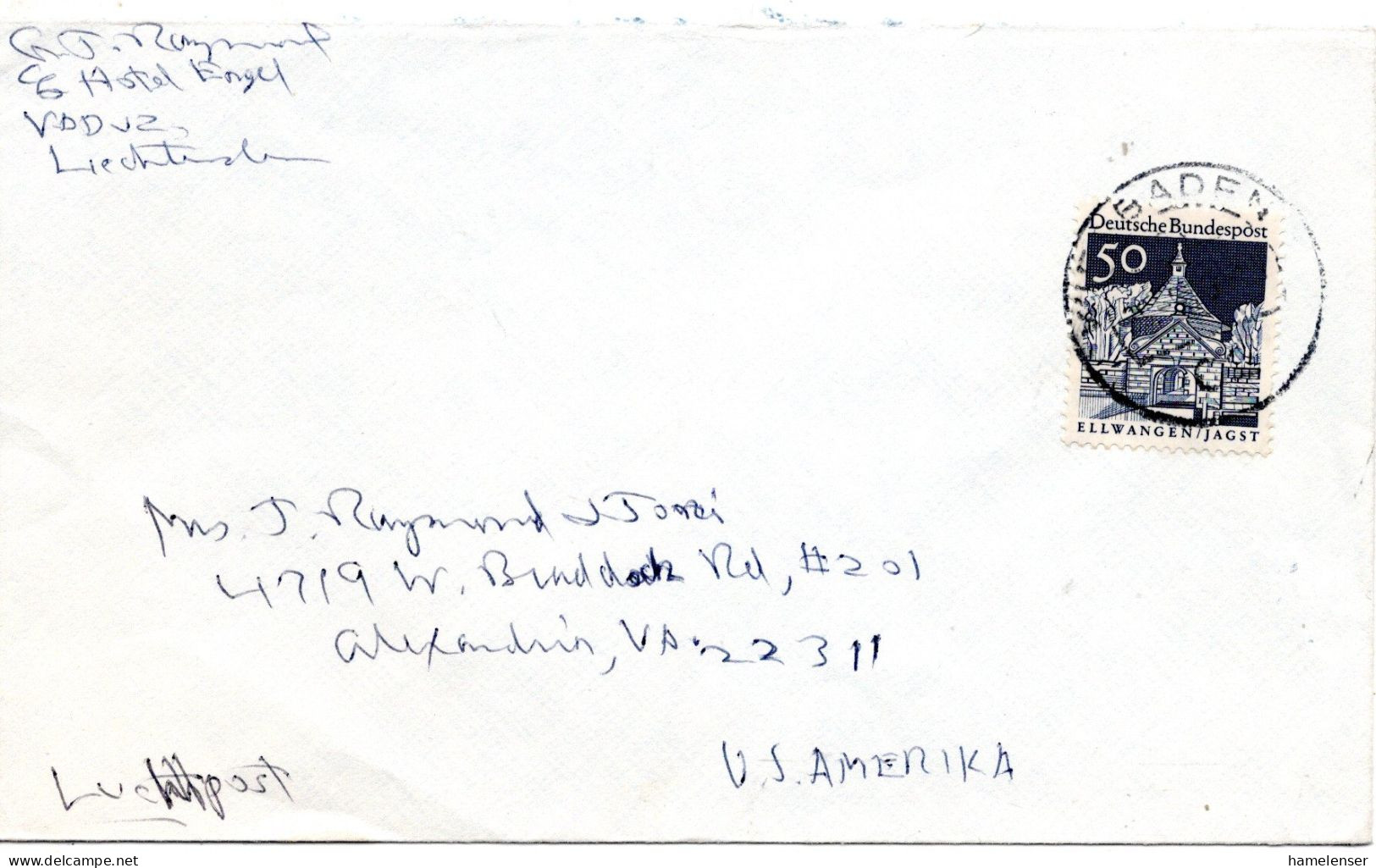 70305 - Bund - 1967 - 50Pfg Gr.Bauten EF A LpBf WIESBADEN -> Alexandria, VA (USA), Rs Bordstpl - Storia Postale