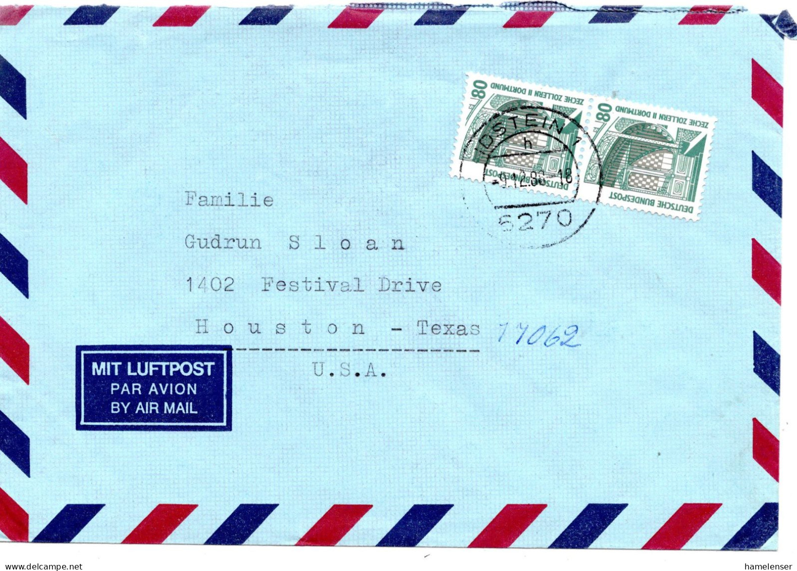 70308 - Bund - 1988 - 2@80Pfg SWK A LpBf IDSTEIN -> Houston, TX (USA) - Lettres & Documents