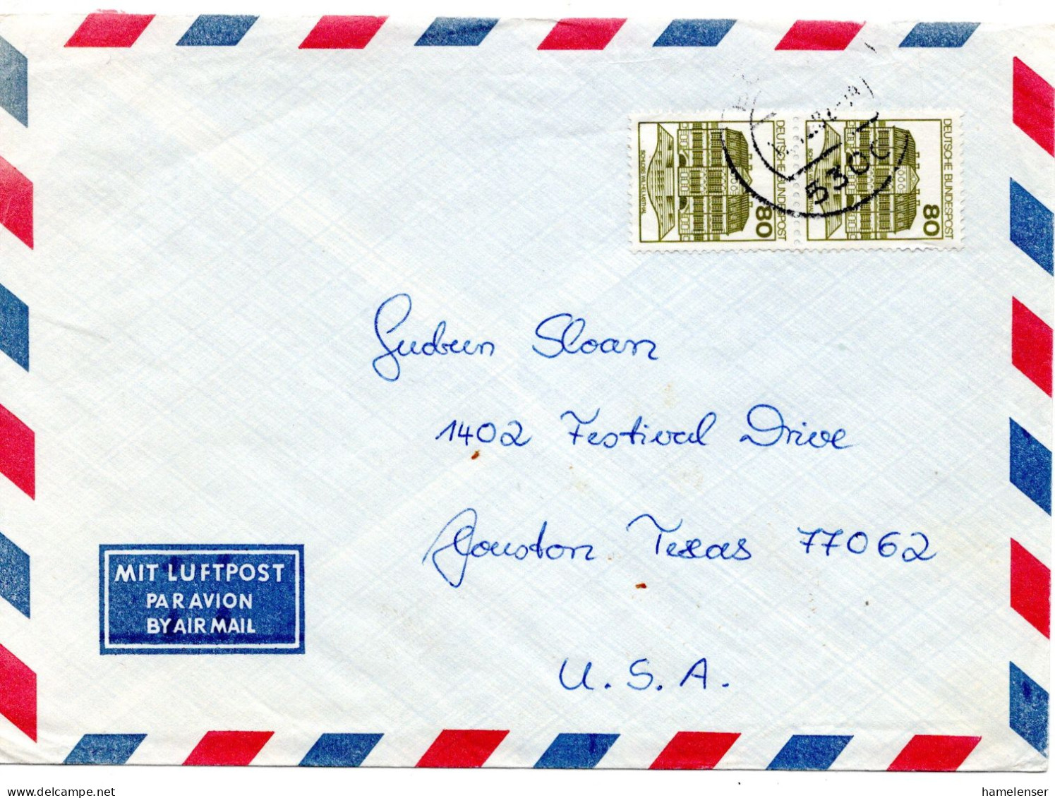 70309 - Bund - 1987 - 2@80Pfg B&S A LpBf IDSTEIN -> Houston, TX (USA) - Briefe U. Dokumente