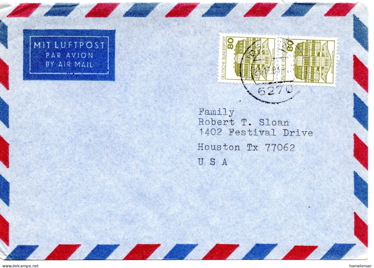 70310 - Bund - 1983 - 2@80Pfg B&S A LpBf IDSTEIN -> Houston, TX (USA) - Cartas & Documentos