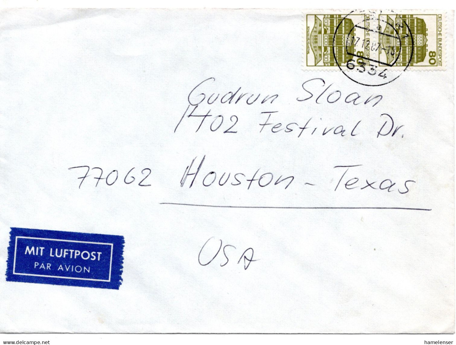 70312 - Bund - 1987 - 2@80Pfg B&S A LpBf IDSTEIN -> Houston, TX (USA) - Covers & Documents