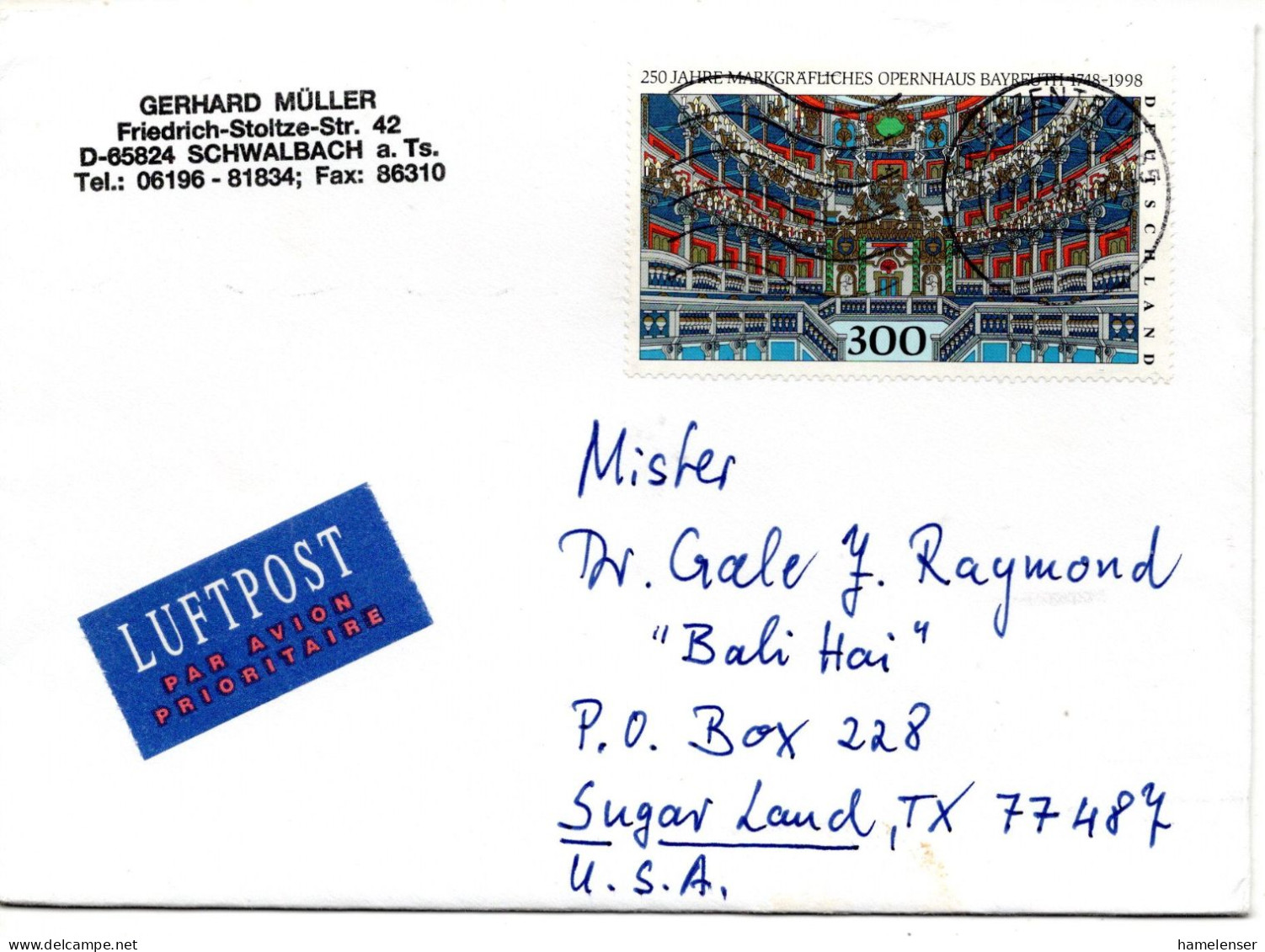 70315 - Bund - 1998 - 300Pfg Bayreuth EF A LpBf BRIEFZENTRUM 65 -> Sugar Land, TX (USA) - Storia Postale