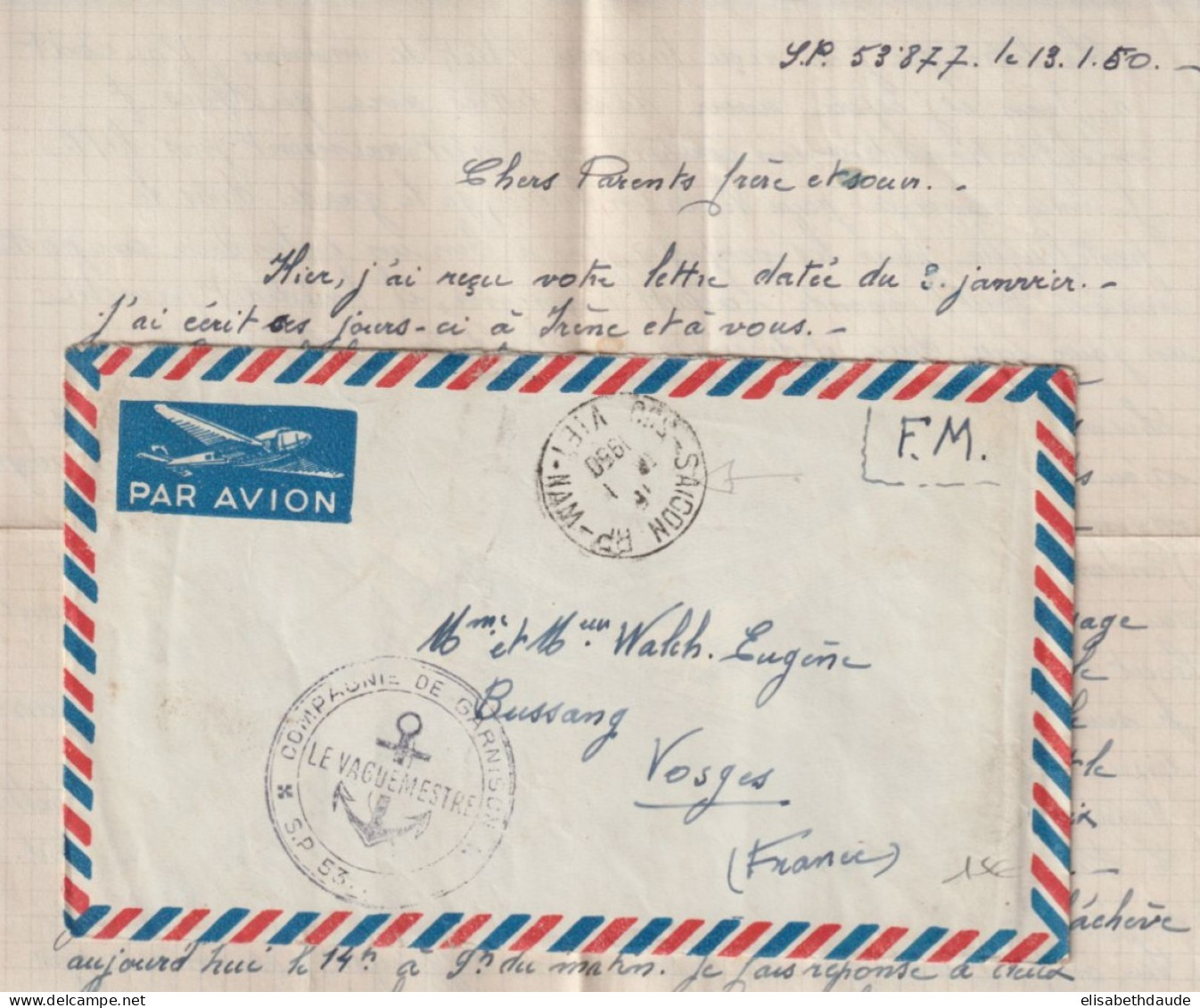 1950 - GUERRE INDOCHINE ! - CACHET NAVAL COMPAGNIE De GARNISON De SAIGON / ENVELOPPE FM => BUSSANG (VOSGES) - Vietnamkrieg/Indochinakrieg