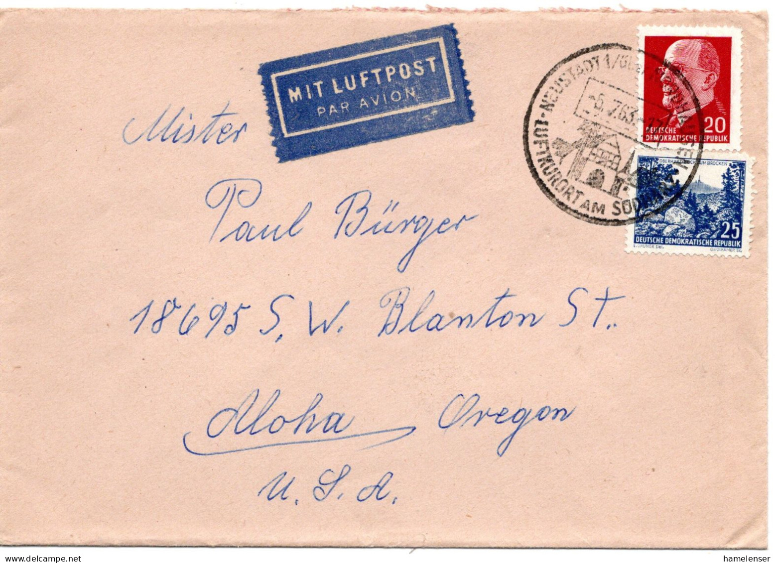 70320 - DDR - 1963 - 25Pfg Landschaften MiF A LpBf NEUSTADT - ... -> Aloha, OR (USA) - Cartas & Documentos