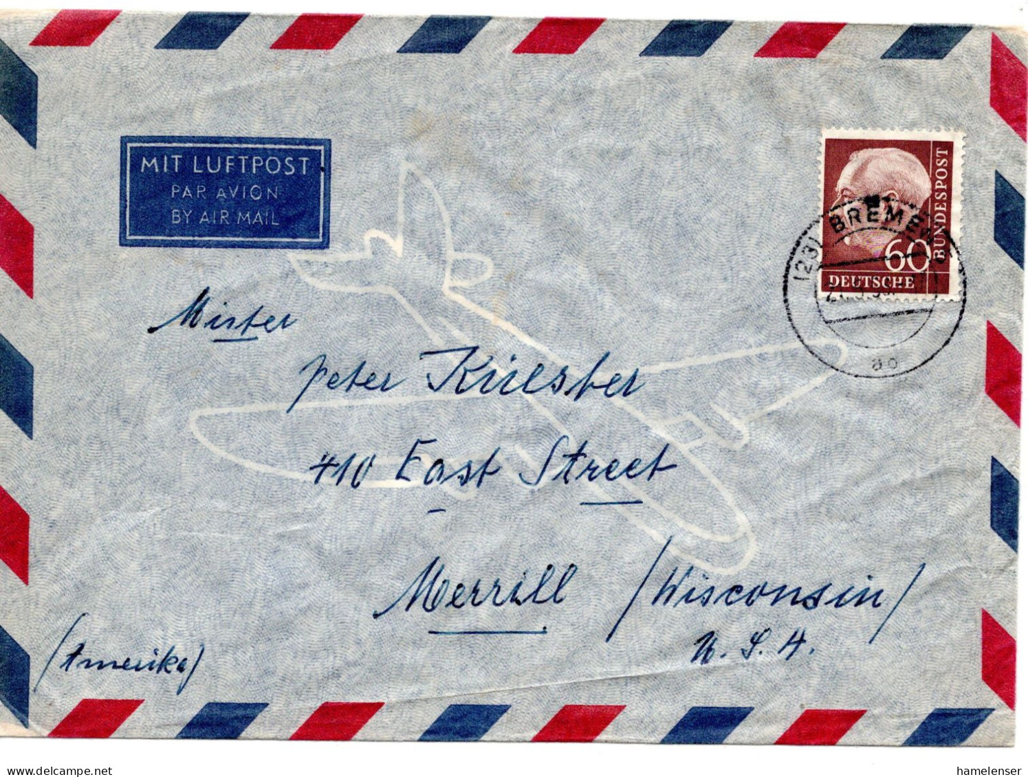 70322 - Bund - 1958 - 60Pfg Heuss I EF A LpBf BREMEN -> Merrill, WI (USA) - Cartas & Documentos