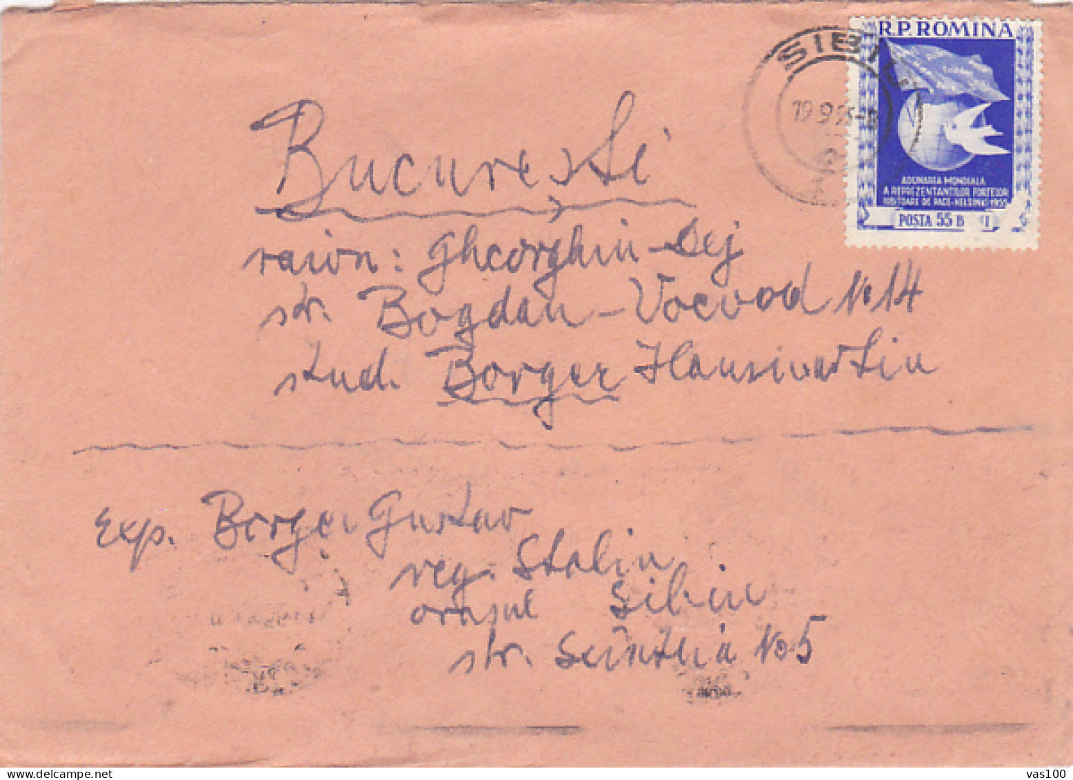 PEACE ASSEMBLY, STAMP ON COVER, 1955, ROMANIA - Brieven En Documenten