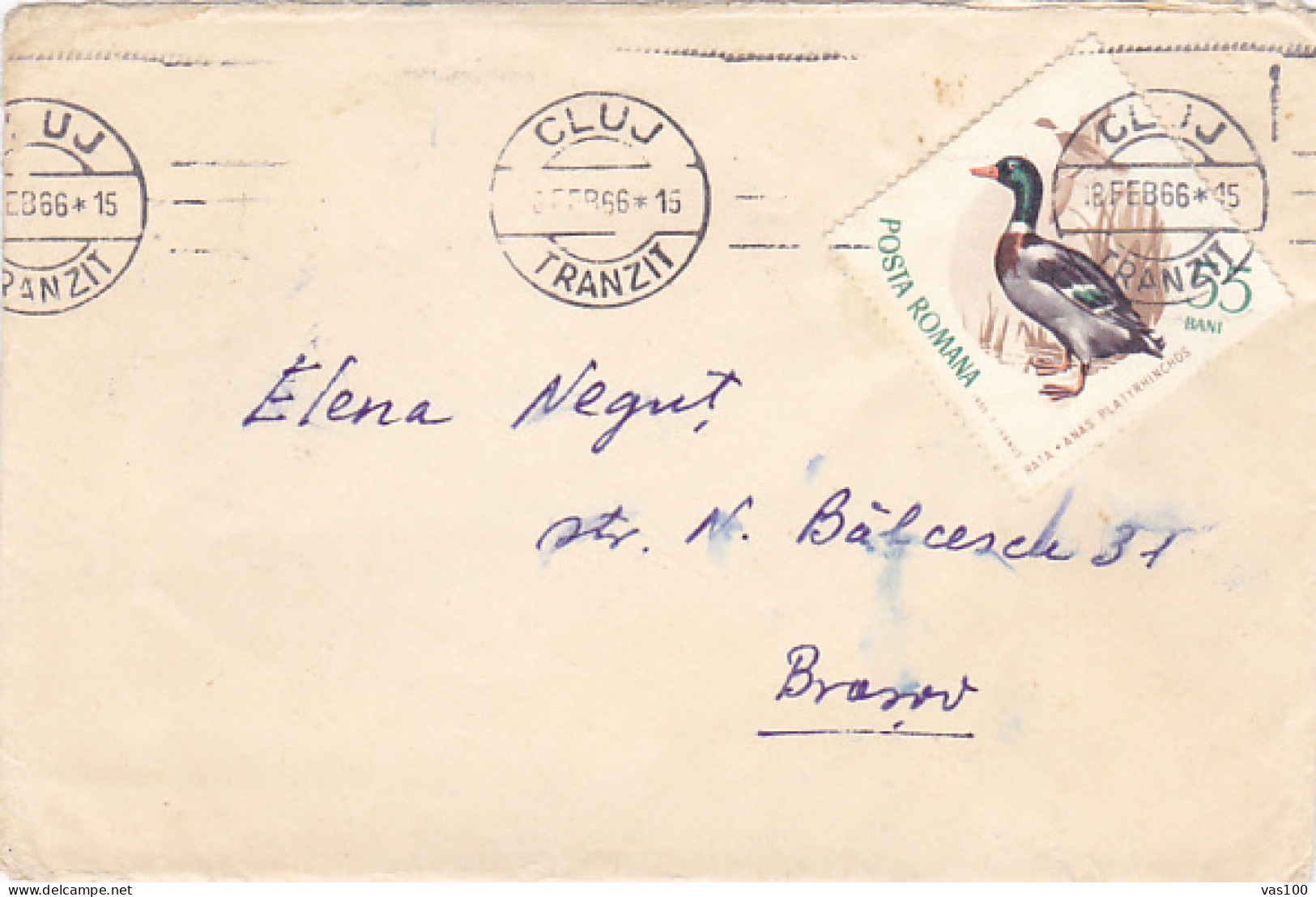 MALLARD DUCK, STAMP ON COVER, 1966, ROMANIA - Lettres & Documents