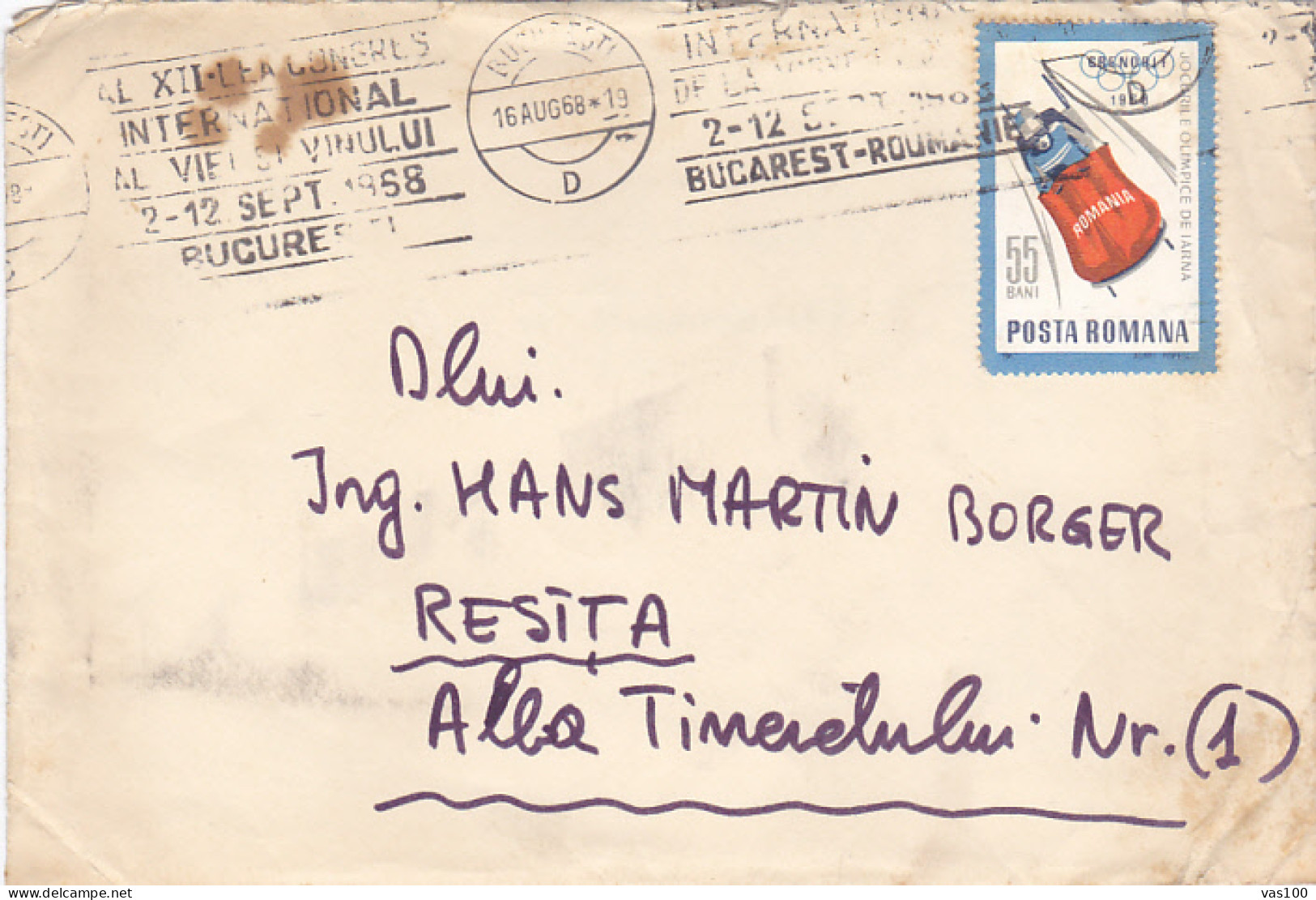 WINTER OLYMPIC GAMES, BOBSLED, STAMP ON COVER, 1968, ROMANIA - Storia Postale