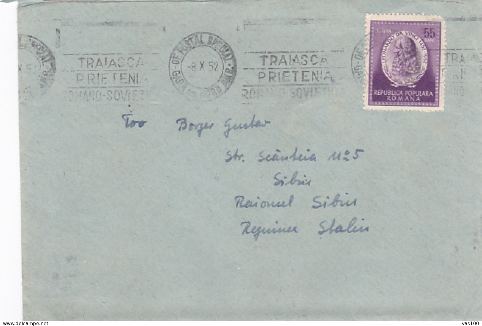 ROMANIAN- RUSSIAN FRIENDSHIP SPECIAL POSTMARKS, LEONARDO DAVINCI STAMP ON COVER WITH LETTER, 1952, ROMANIA - Covers & Documents