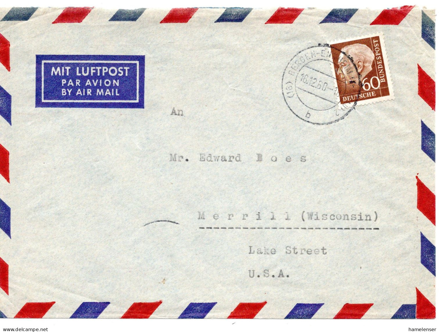 70325 - Bund - 1960 - 60Pfg Heuss II EF A LpBf BERGEN -> Merrill, WI (USA) - Cartas & Documentos