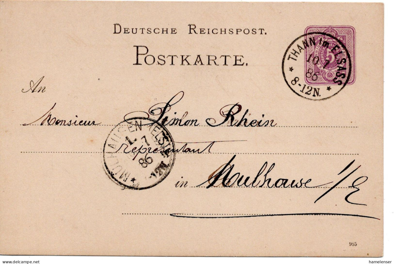 70326 - Deutsches Reich - 1886 - 5Pfg GAKte THANN -> MUELHAUSEN - Briefe U. Dokumente