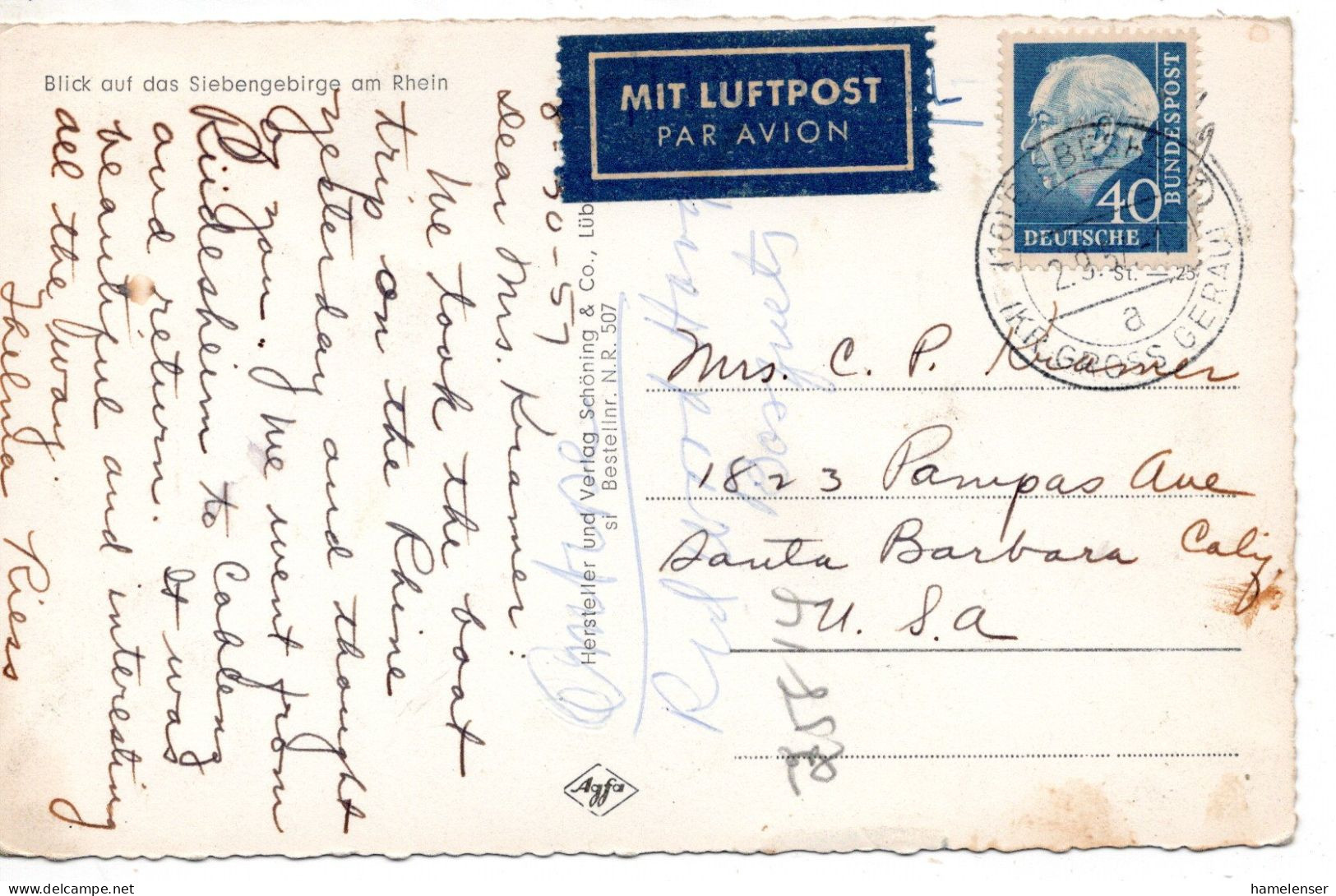 70328 - Bund - 1957 - 40Pfg Heuss II EF A LpAnsKte BIEBESHEIM -> Santa Barbara, CA (USA) - Covers & Documents