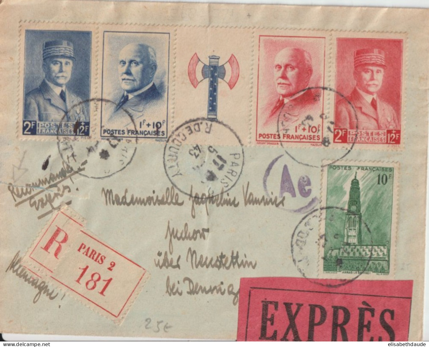 1943 - TRAVAILLEUR FRANCAIS EN ALLEMAGNE - BANDE PETAIN Sur ENVELOPPE RECOMMANDEE EXPRES ! De PARIS => NEUSTETTIN - Storia Postale