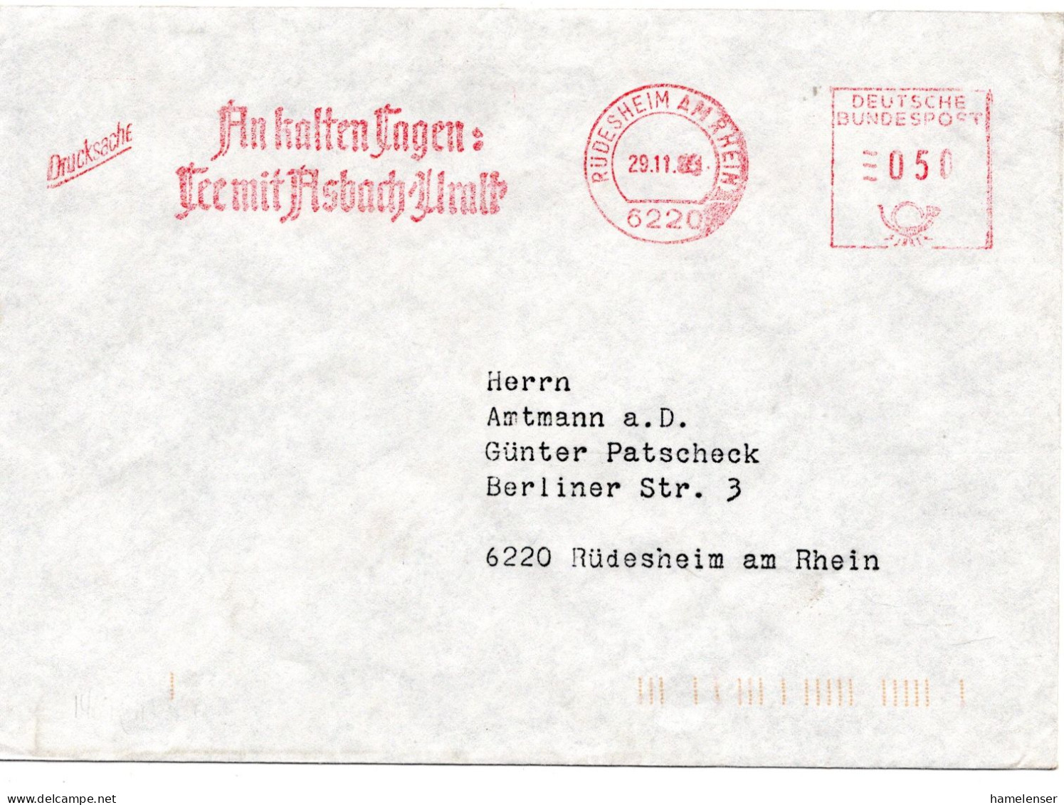 70335 - Bund - 1985 - 50Pfg AbsFreistpl A OrtsDrucksBf RUEDESHEIM - ... ASBACH-URALT - Vins & Alcools