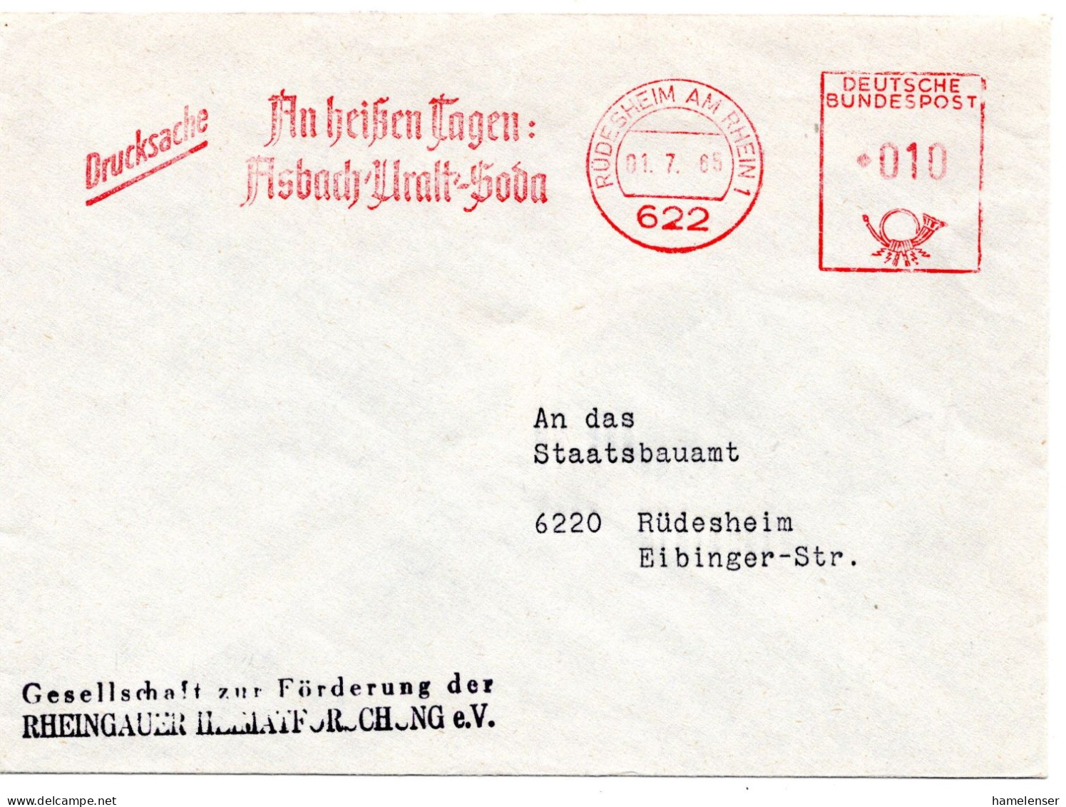 70336 - Bund - 1965 - 10Pfg AbsFreistpl A OrtsDrucksBf RUEDESHEIM - ... ASBACH-URALT - Wines & Alcohols