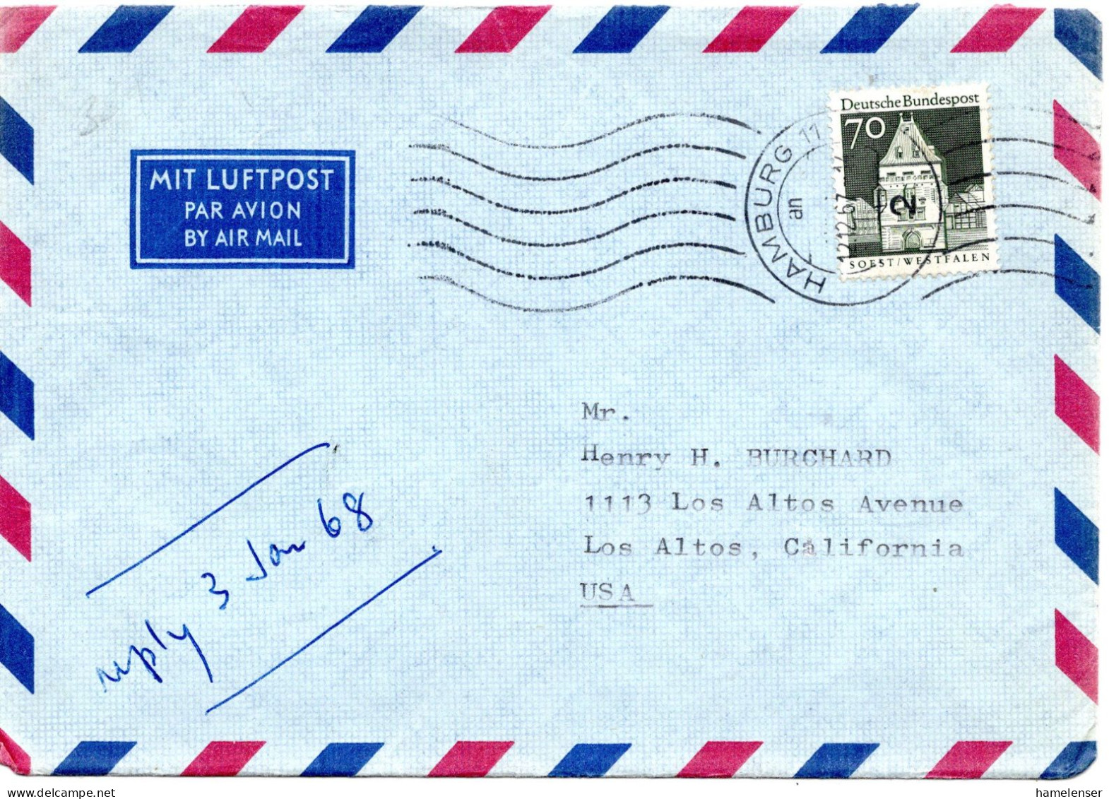 70340 - Bund - 1967 - 70Pfg Gr.Bauten EF A LpBf HAMBURG -> Los Altos, CA (USA) - Covers & Documents