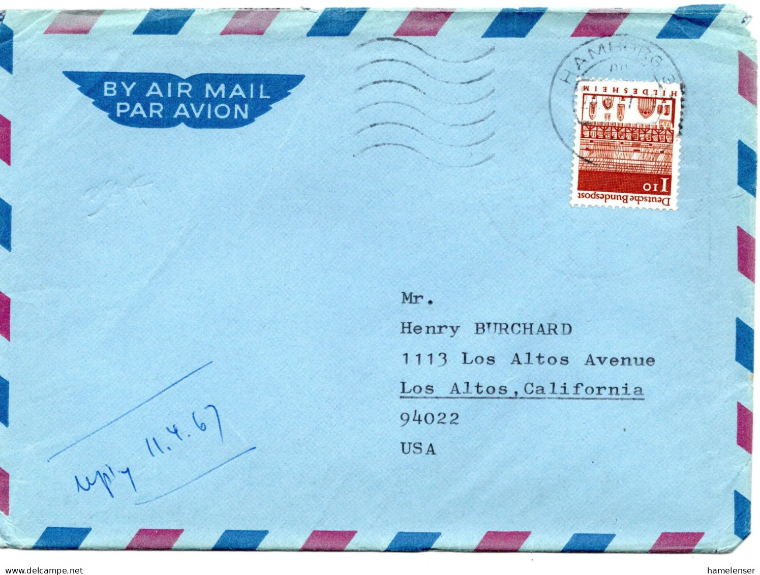 70341 - Bund - 1967 - 1,10DM Gr.Bauten EF A LpBf HAMBURG -> Los Altos, CA (USA) - Cartas & Documentos