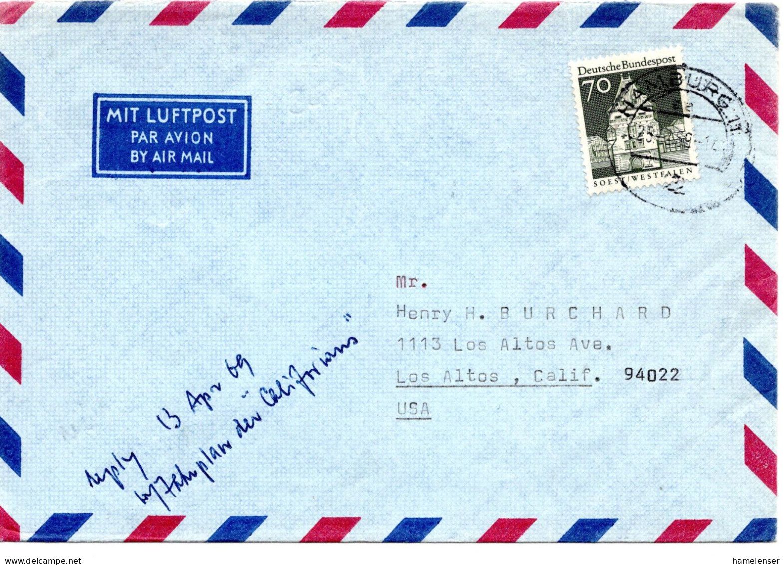 70342 - Bund - 1969 - 70Pfg Gr.Bauten EF A LpBf HAMBURG -> Los Altos, CA (USA) - Lettres & Documents