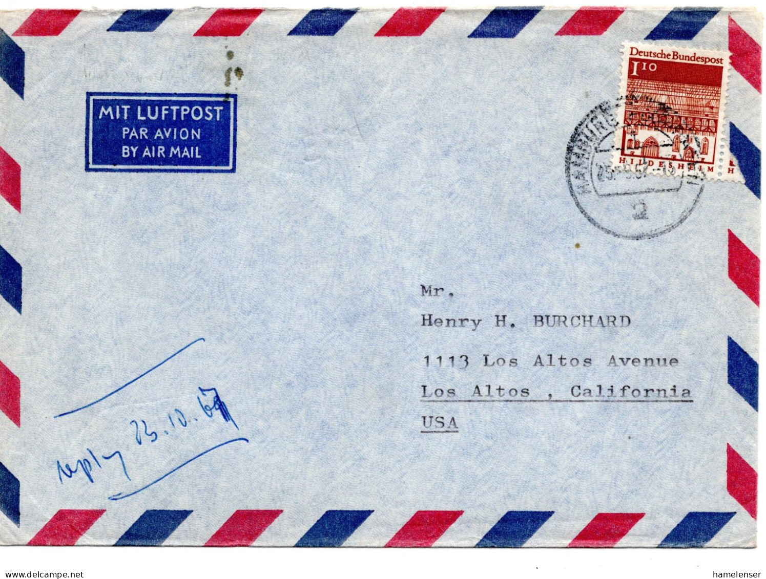 70345 - Bund - 1967 - 1,10DM Gr.Bauten A LpBf HAMBURG -> Los Altos, CA (USA) - Storia Postale