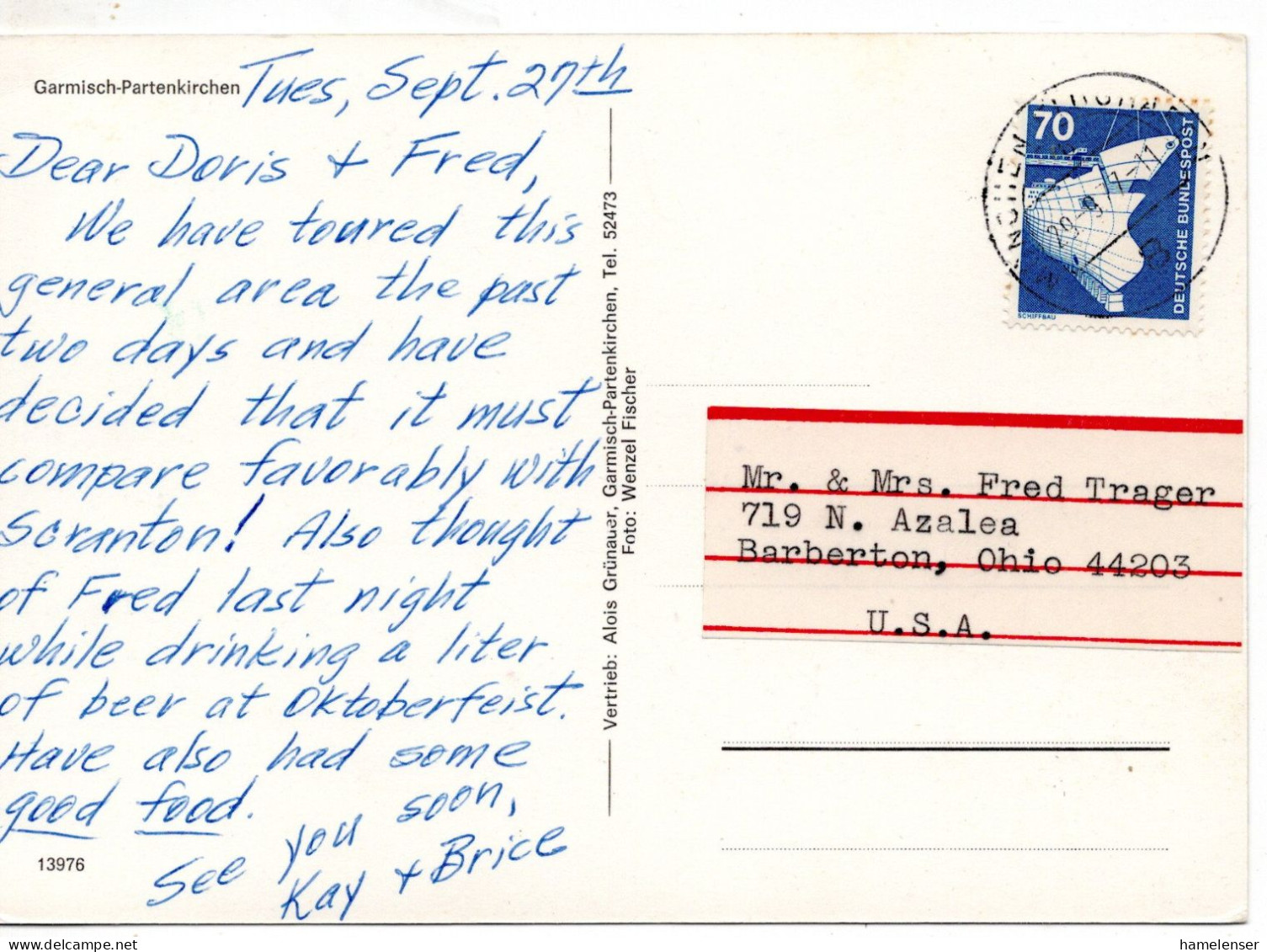 70348 - Bund - 1977 - 70Pfg I&T EF A AnsKte -> Barberton, IL (USA) - Storia Postale